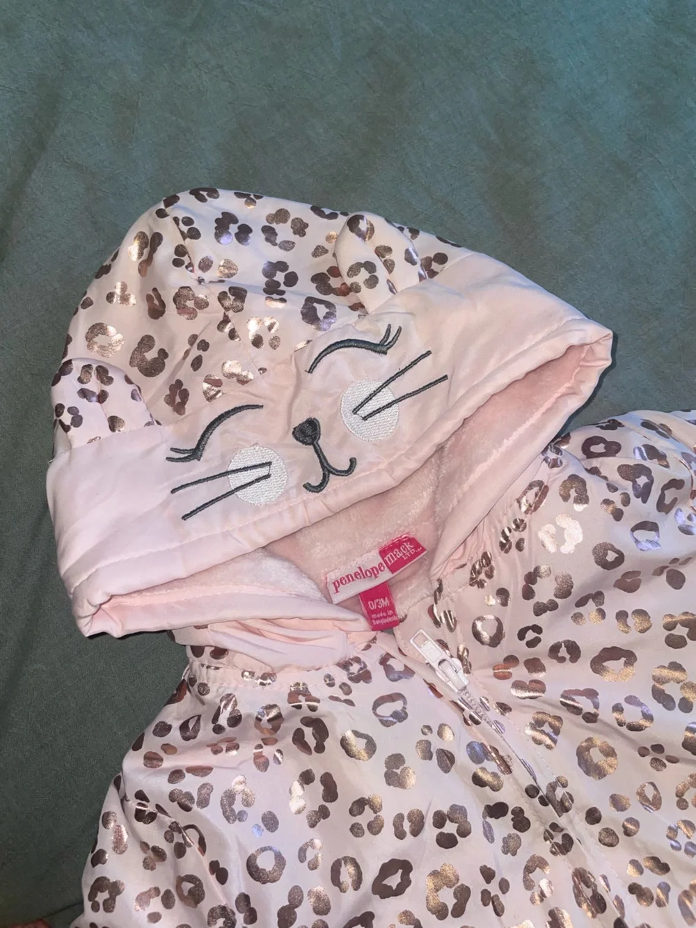 Baby Pink Leopard Hooded One-Piece with metallic Gold Accents 0-3 month